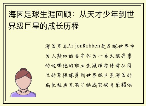 海因足球生涯回顾：从天才少年到世界级巨星的成长历程
