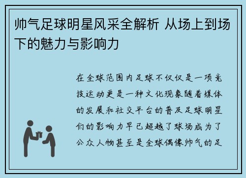帅气足球明星风采全解析 从场上到场下的魅力与影响力