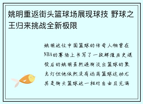 姚明重返街头篮球场展现球技 野球之王归来挑战全新极限