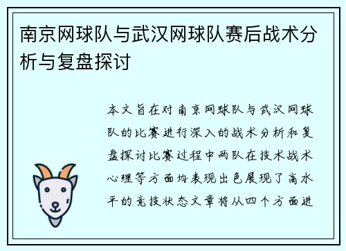 南京网球队与武汉网球队赛后战术分析与复盘探讨